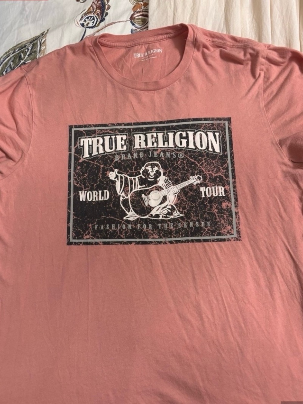 True Religion Men's Graphic Tee — Rose Pink with Black Print